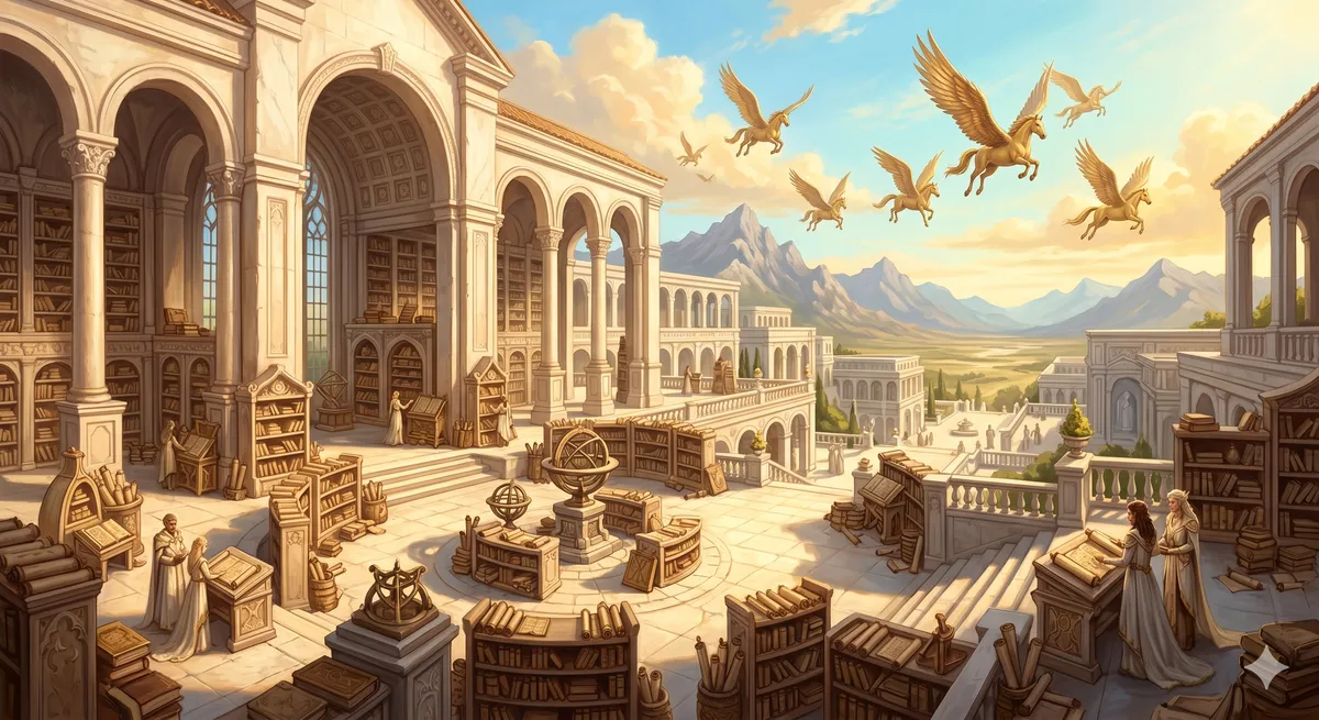 Grand, sun-baked marble libraries and open-air courtyards filled with ancient scrolls, beneath a sky where golden pegasuses soar.